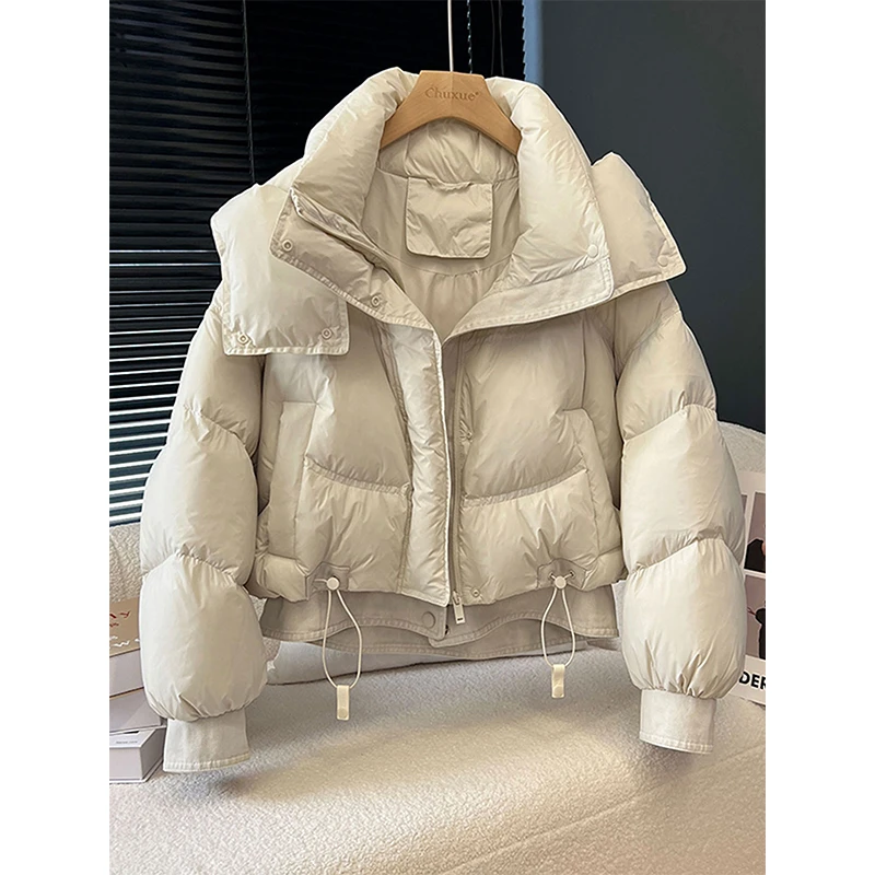 2025秋冬季短款加厚连帽牛仔拼接棉服韩版宽松通勤穿搭面包服外套