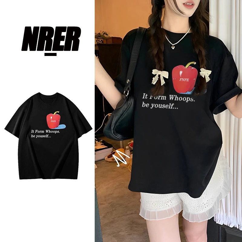 FNFE美式苹果字母印花短袖t恤男女夏季新款休闲宽松情侣半袖潮牌