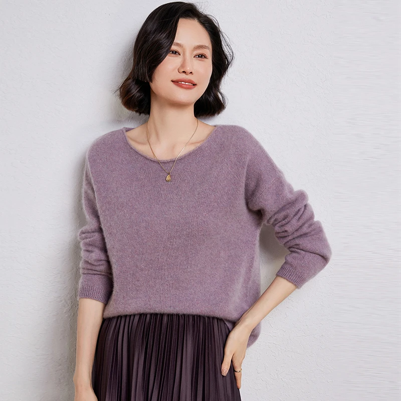 法式一字领100纯羊毛衫女新款加厚宽松慵懒风毛衣针织打底衫7-6