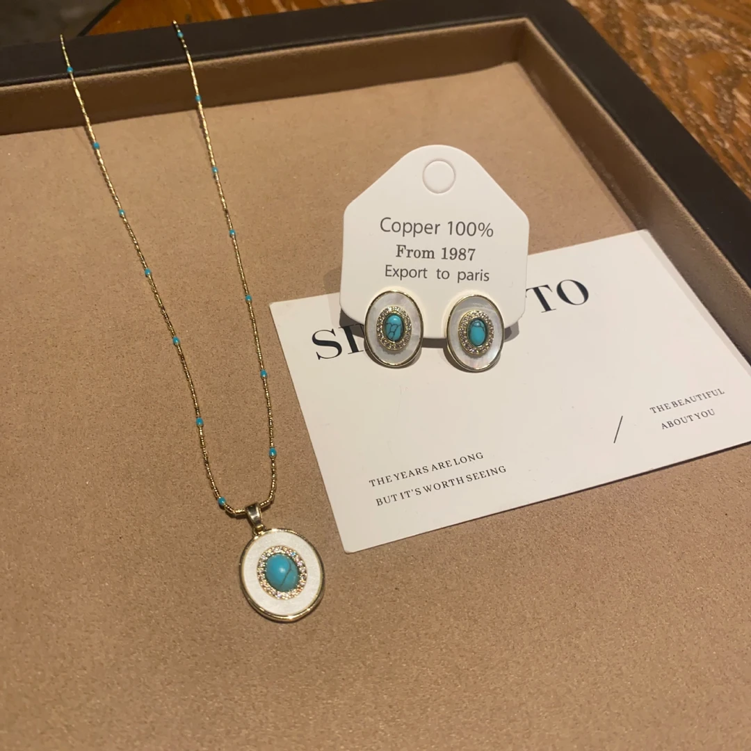 铜合金锆石项链 中古椭圆小众设计法式高级感气质锁骨链项链套装