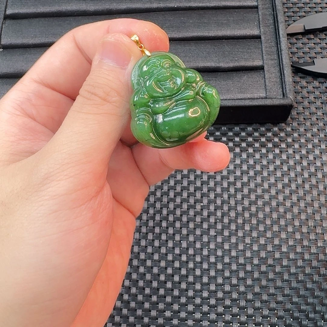 和田玉银S925镶嵌颈饰碧玉35佛公一尊