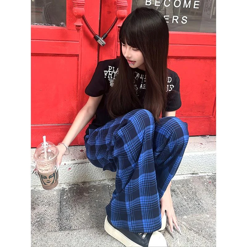 美式复古格子休闲裤女夏季字母腰带显瘦垂感阔腿裤宽松直筒拖地裤