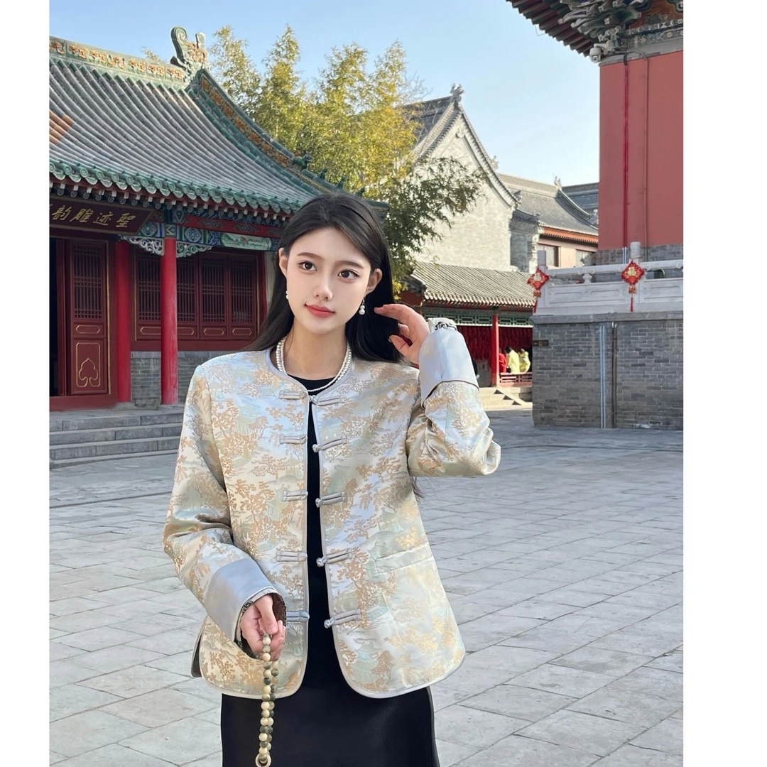新中式国风盘扣提花女复古唐装小褂上衣25001