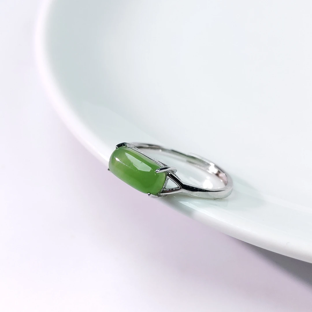 【华之京】和田玉S925银托碧玉窄长款戒指 简约款开口戒-YS