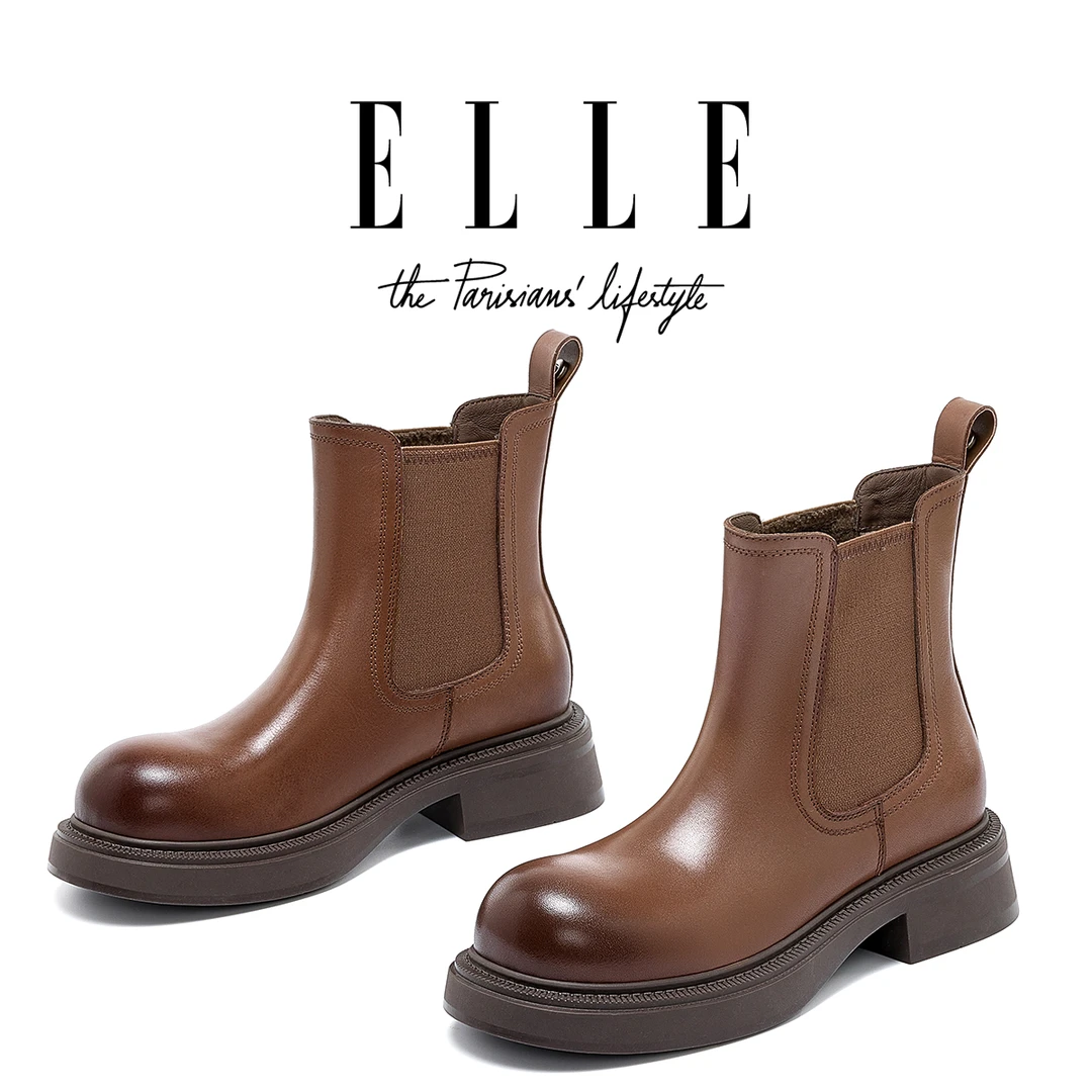 ELLE高级感烟筒靴女25新款中筒粗跟软皮软底真皮短靴加绒切尔西靴