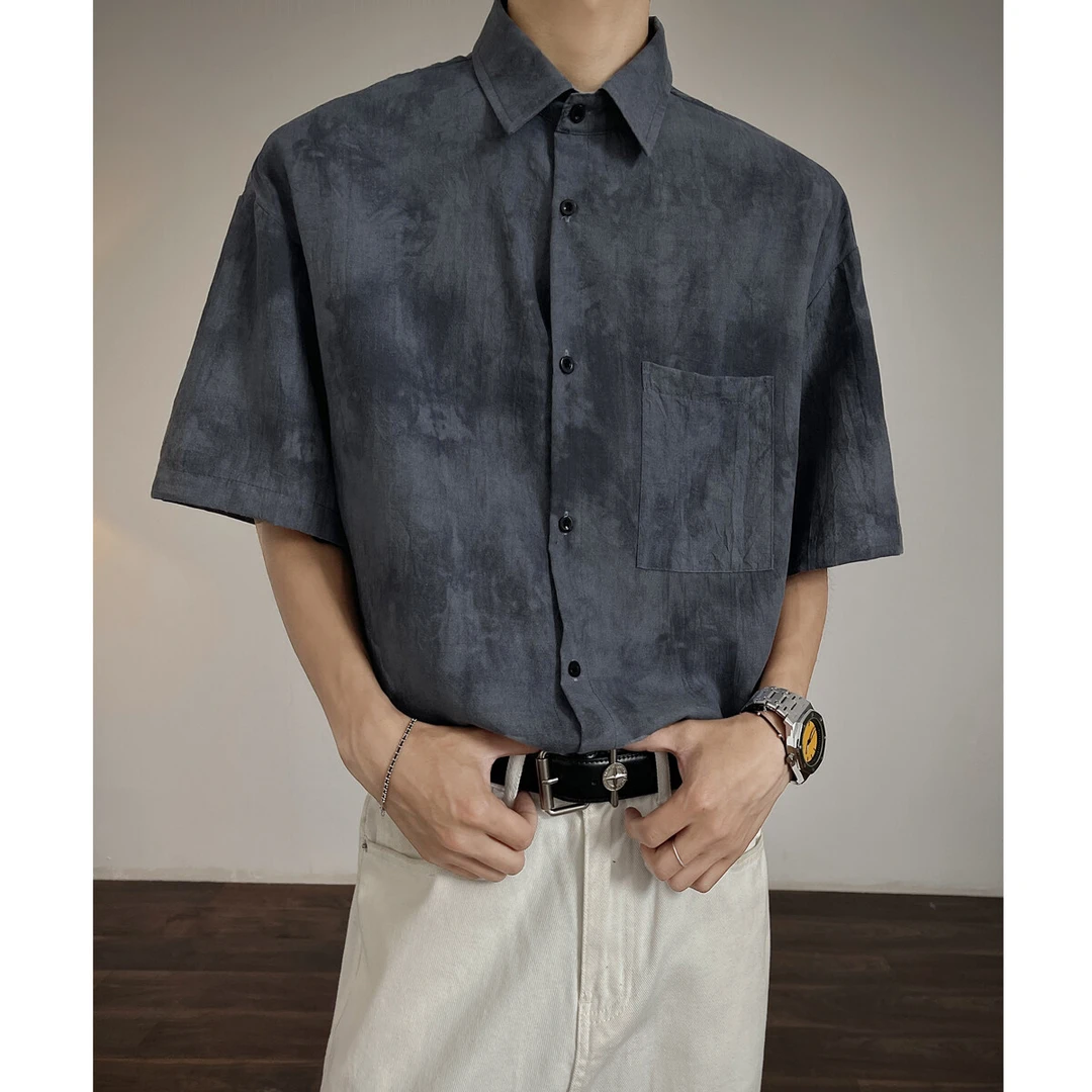 2025新款冰丝水洗短袖花衬衫男夏季复古百搭宽松翻领五分袖衬衣服