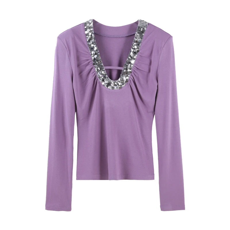 「浪漫莫妮卡」2025春季设计收腰V领亮片长袖上衣HBZC622196 nnassa