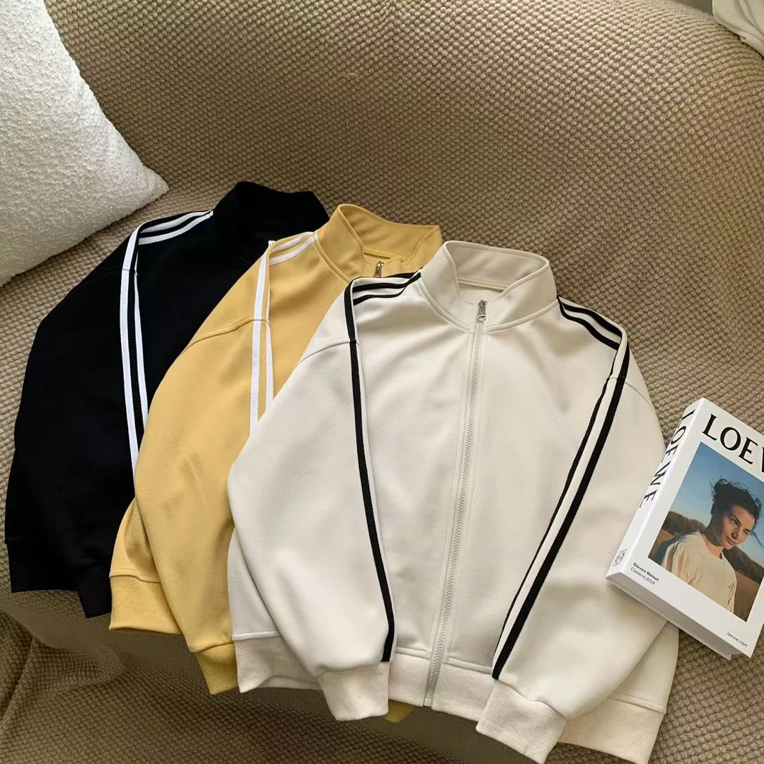 素心轻奢 2025春季新款韩版三条杠立领开衫宽松休闲卫衣外套13066