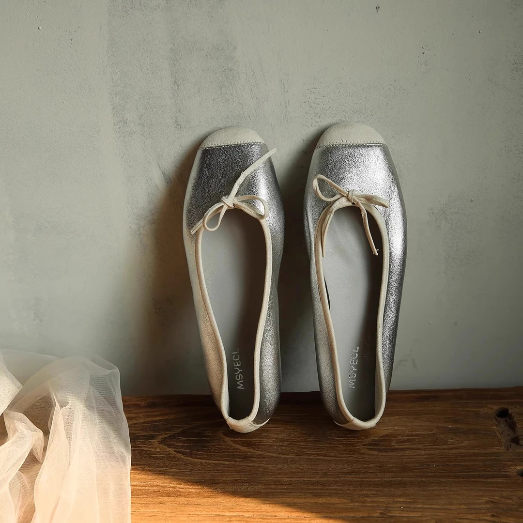 升级版波光麟麟~易梦玲同款方头蝴蝶结显瘦真皮芭蕾舞单鞋