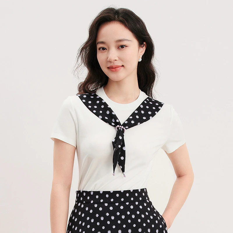 Koradior/珂莱蒂尔休闲短款圆领短袖波点系带T恤气质针织显瘦时尚