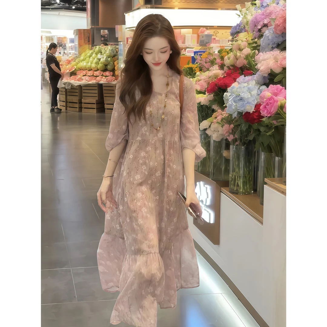 夏季新款气质时尚慵懒法式连衣裙女2025大码印花宽松显瘦连衣裙