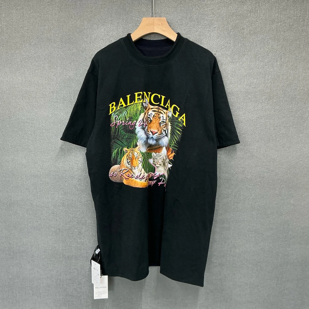 全新未使用 Balenciaga/巴黎世家 老虎印花双面穿厚款短袖T恤2码