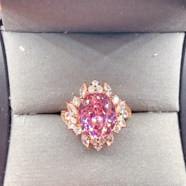 925银戒指 精工镶嵌 10*12设计感款 重工镶嵌樱花粉色戒指s925