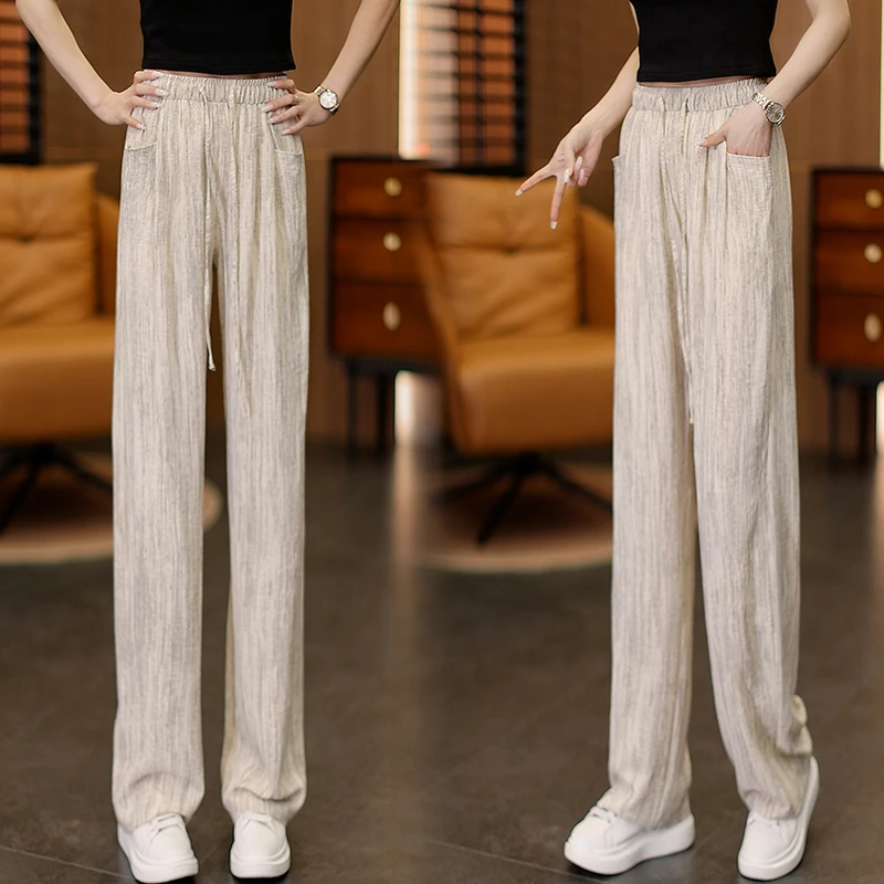 水墨扎染冰氧丝窄版阔腿裤女2025夏季薄款高腰抽绳显瘦慵懒风长裤