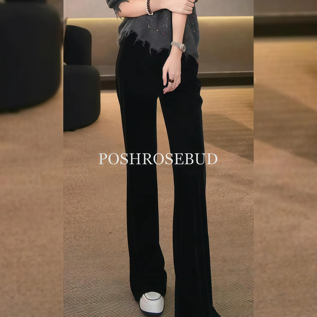 POSHROSEBUD设计师秋季丝绒垂感高腰百搭时尚女装丝绒裤-258800