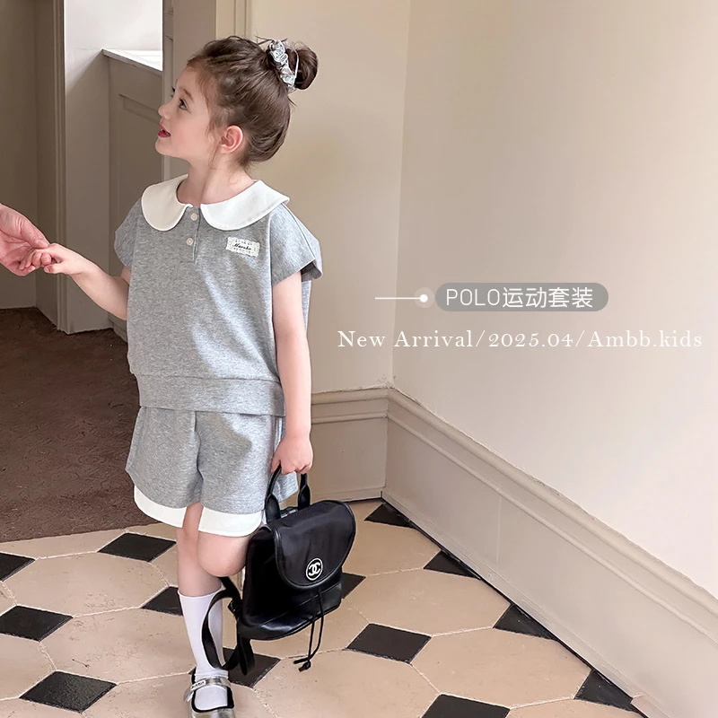 中大小女童洋气小翻领学院风短袖+拼接短裤卫衣两件套装女孩洋气