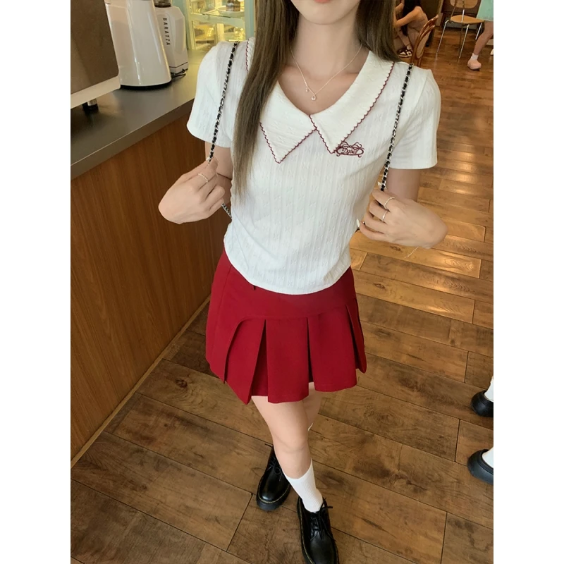 【夏季收官】乌77日系学院风polo领针织短袖t恤女夏正肩刺绣显瘦