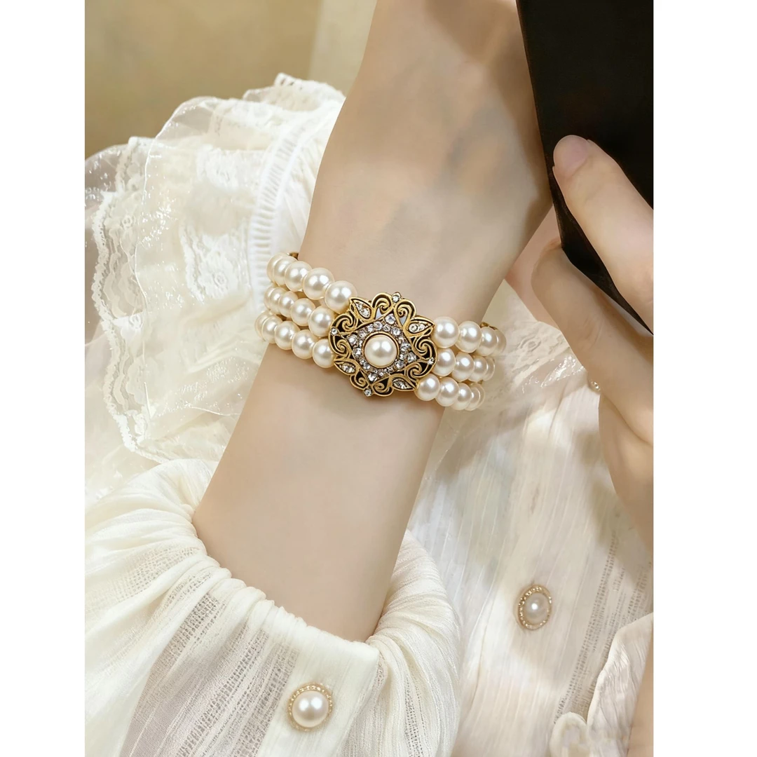 铜合金手链 S9复古宫廷三层珍珠手链金色雕花镶钻优雅名媛法式
