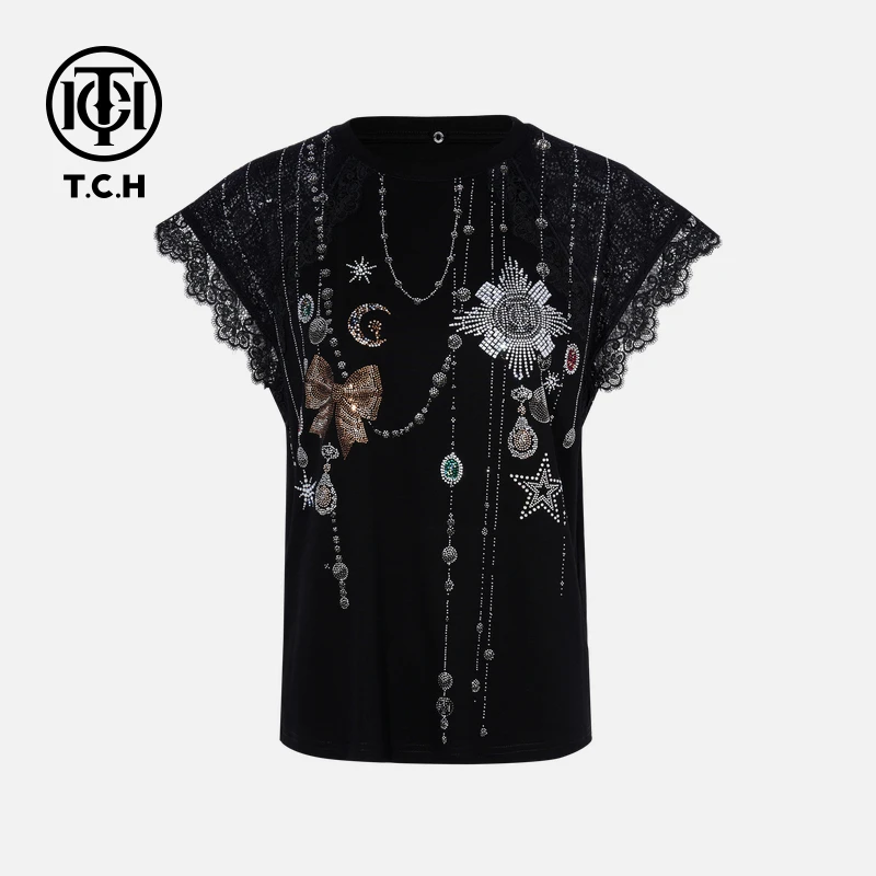 TCH烫钻工艺时尚休闲百搭气质蝴蝶T恤黑色女夏季轻奢tch