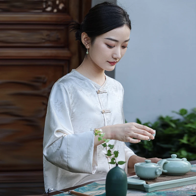 二喜茶服原创2025春长袖轻国风提花衬衣女盘扣改良上衣新中式衬衫