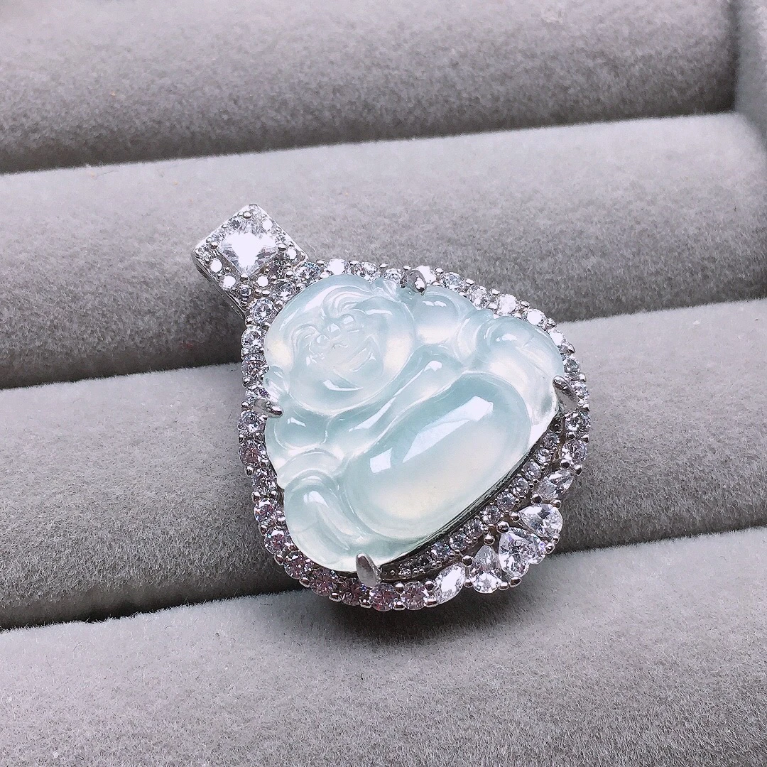 天然缅甸翡翠A货925银镶嵌高冰起光饱满佛公吊坠