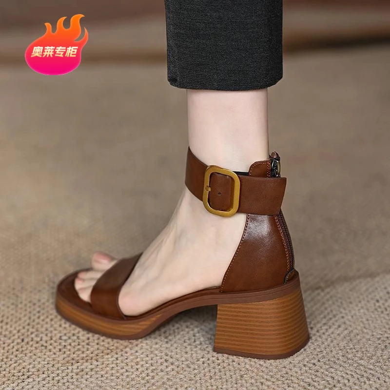 【奥莱专柜】凉鞋女款夏季中跟厚底法式复古拉链明星中跟一字凉鞋