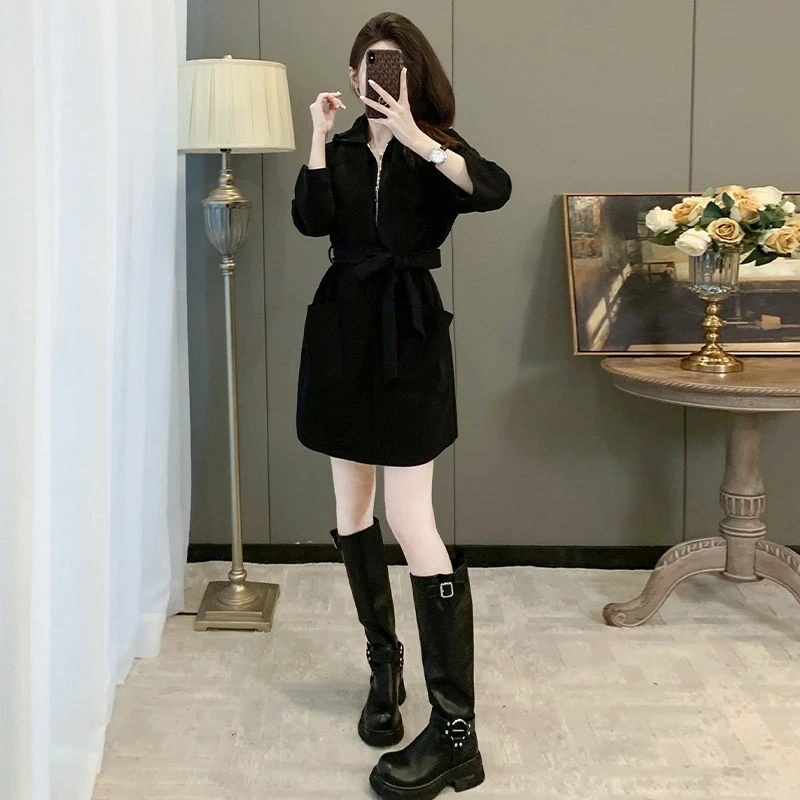 春秋新款黑色时尚休闲宽松连衣裙气质百搭中长款女装裙子收腰显瘦