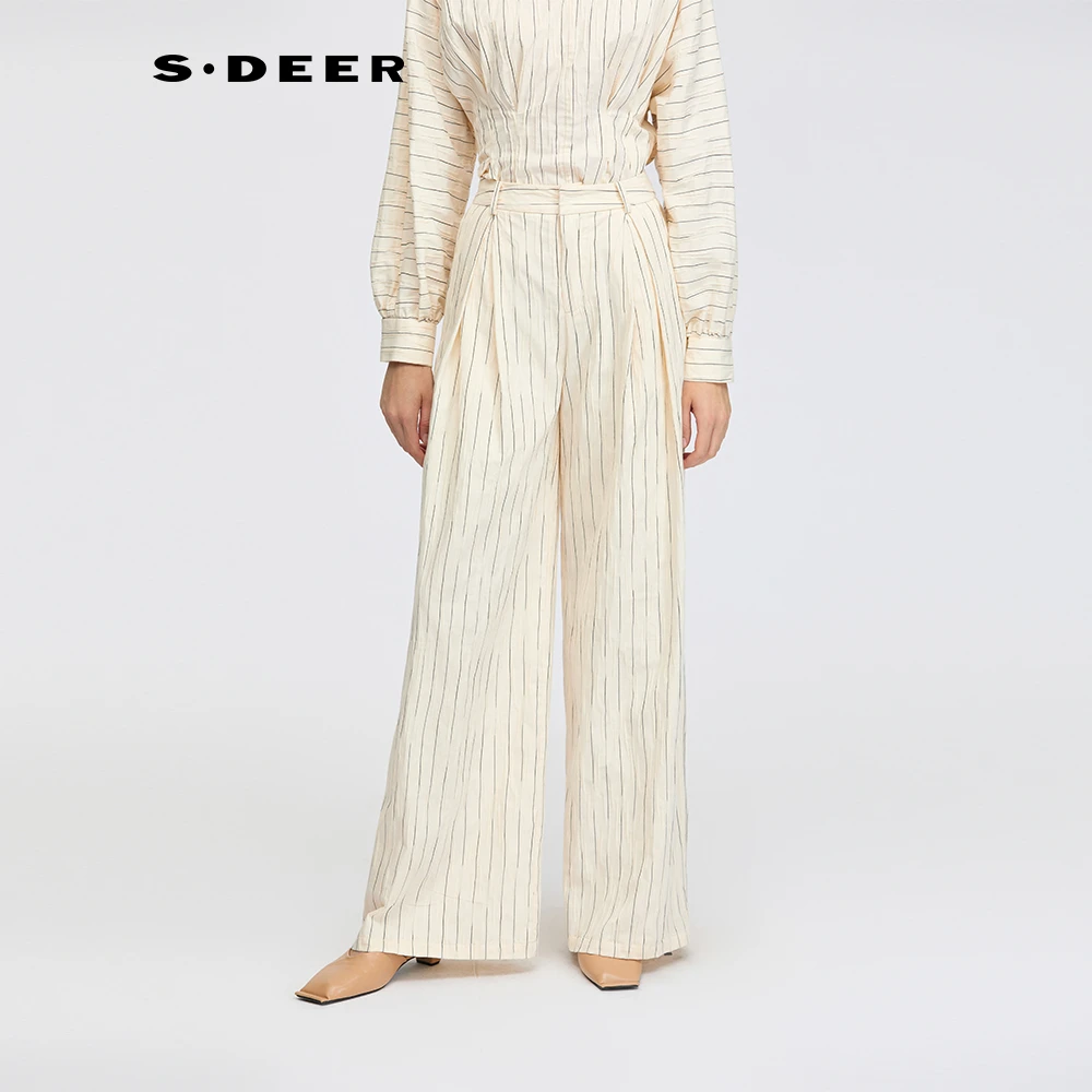 【粉丝专享】圣迪奥高腰直筒时尚休闲百搭宽松褶皱条纹长裤