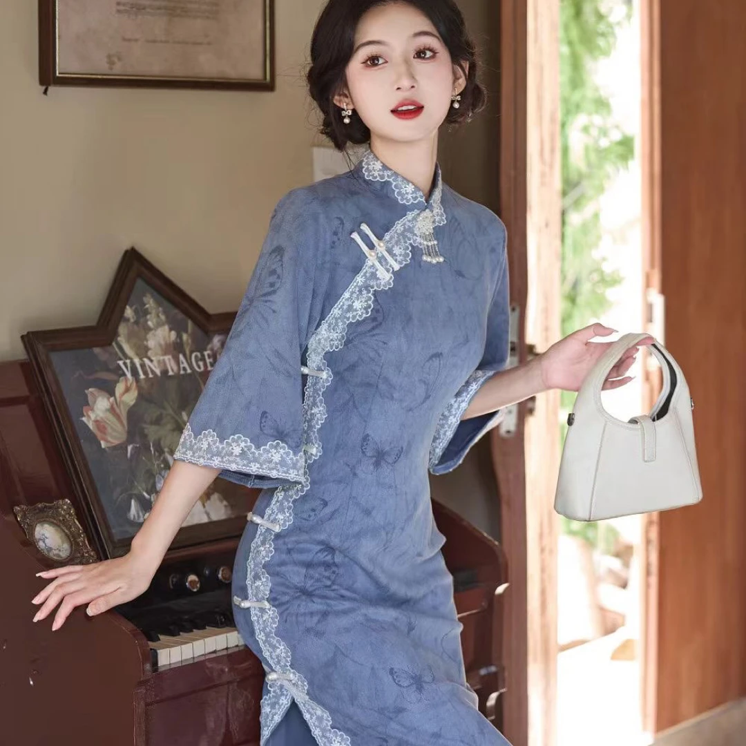 「蓝黛」新款蕾丝中长裙低开衩新中式日常旗袍一字扣七分袖旗袍裙