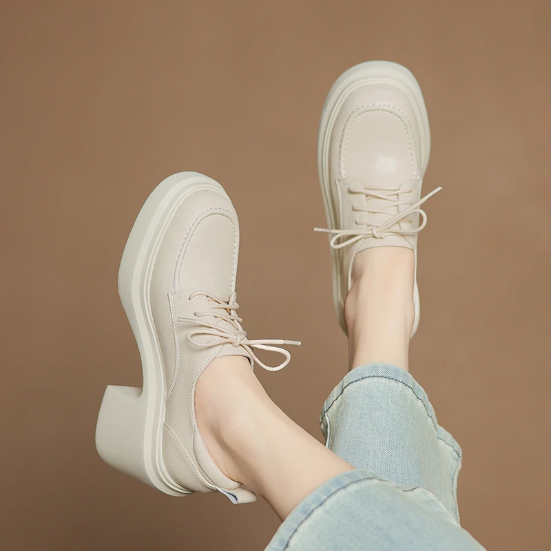 羊皮/跟高10cm/春秋白色百搭真皮春季粗跟厚底英伦风舒适妈妈单鞋