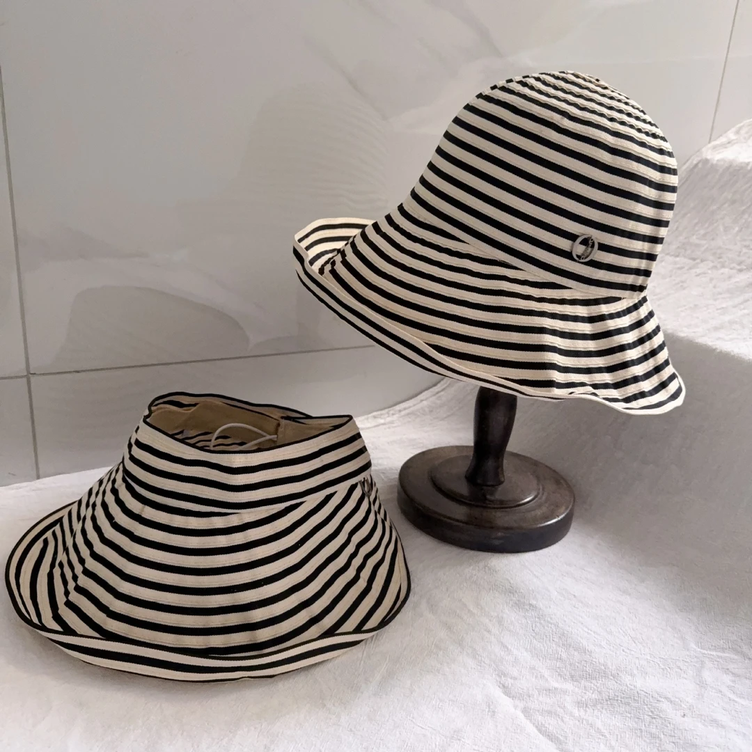 无顶2025新款太阳帽日系防晒帽女条纹渔夫帽夏季遮阳帽子大帽檐