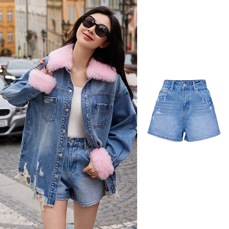 TRACYCHU经典款蓝色牛仔短裤显瘦时尚百搭款老钱风松弛感秋冬新品