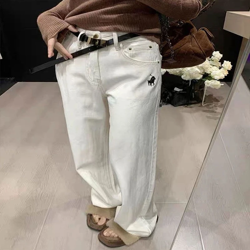 美式水洗白色刺绣阔腿牛仔裤女2025春秋拖地宽松百搭显瘦长裤ins