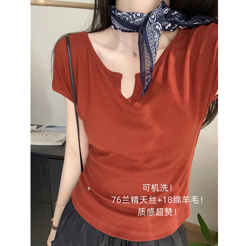 可机洗！76兰精天丝+18绵羊毛短袖圆V领软糯弹力显瘦T恤女夏新