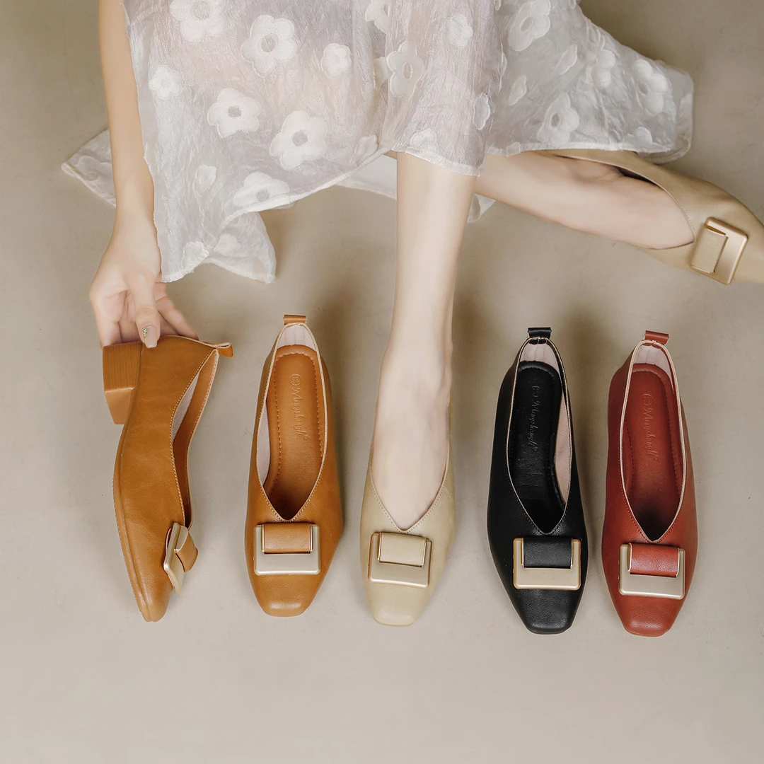 方扣浅口单鞋春秋法式女鞋小方头低跟平底鞋百搭简约软底奶奶鞋子