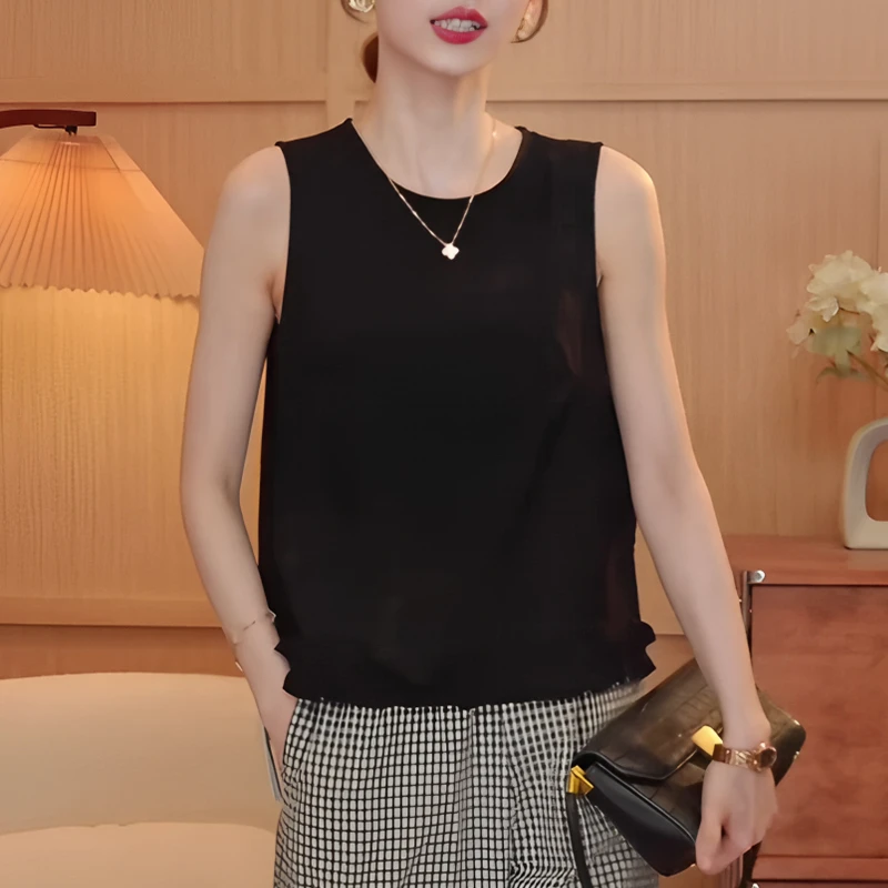 时髦洋气减龄木耳边坎肩背心2025夏季新款下摆抽褶无袖木耳边上衣