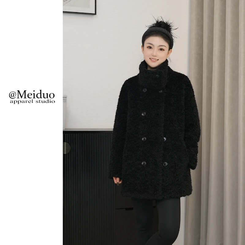 海宁毛毛外套2024冬季新款女装时尚气质百搭宽松黑色翻领保暖上衣