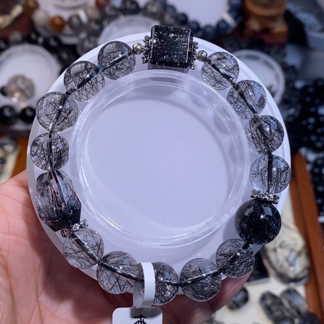 未镶嵌手链水晶黑发晶设计款12mm全透体满发蕾丝