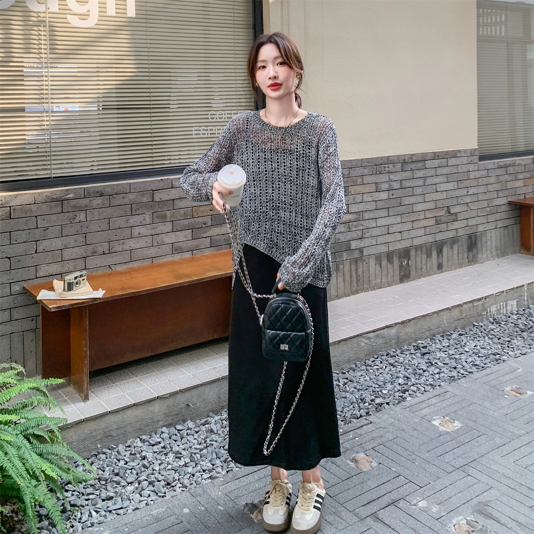长袖时尚套装裙女2025年春秋季新款慵懒风镂空针织衫吊带裙两件套