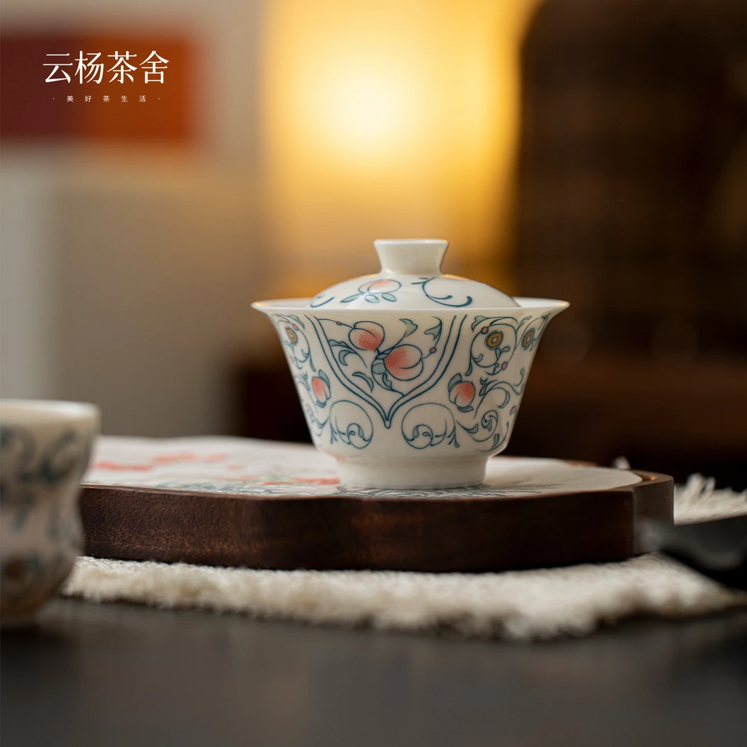 【文人手绘】设计款 高岭土粉桃盖碗 约120cc