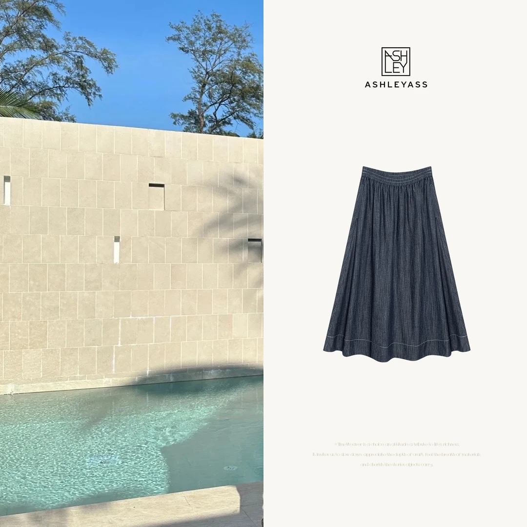 ashleyass“清迈亚麻半裙”隐形侧缝插袋牛仔蓝半身裙LSQ250570R