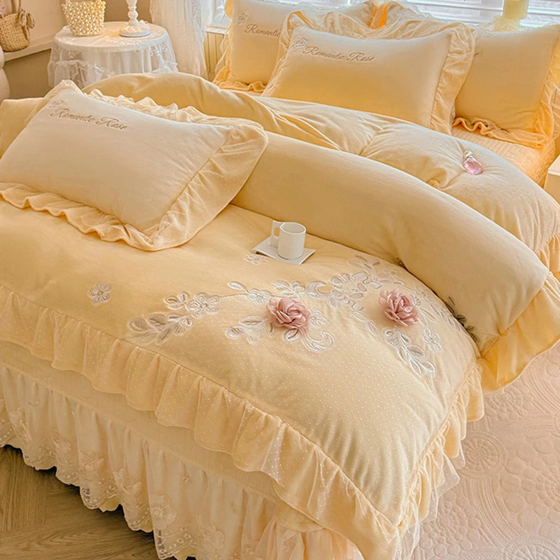 水星高端适用家纺高端法式牛奶绒四件套床盖款冬季加厚珊瑚绒被套