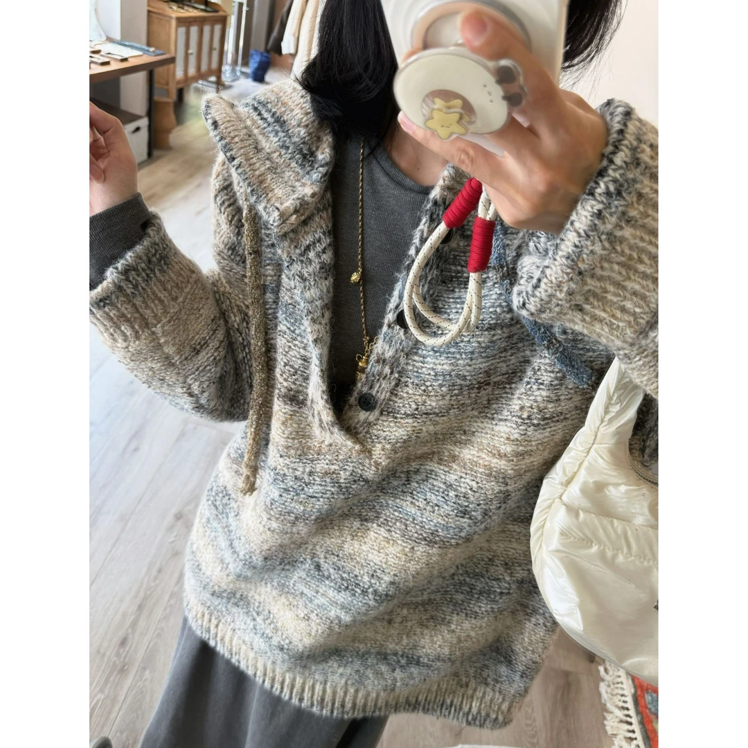 韩版复古连帽中长款毛衣女慵懒风宽松型毛衣外套上衣