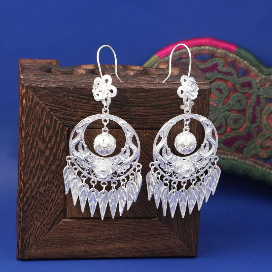 足银耳饰 【双龙戏珠竹叶流苏耳环】黔喜银饰气质百搭民族风