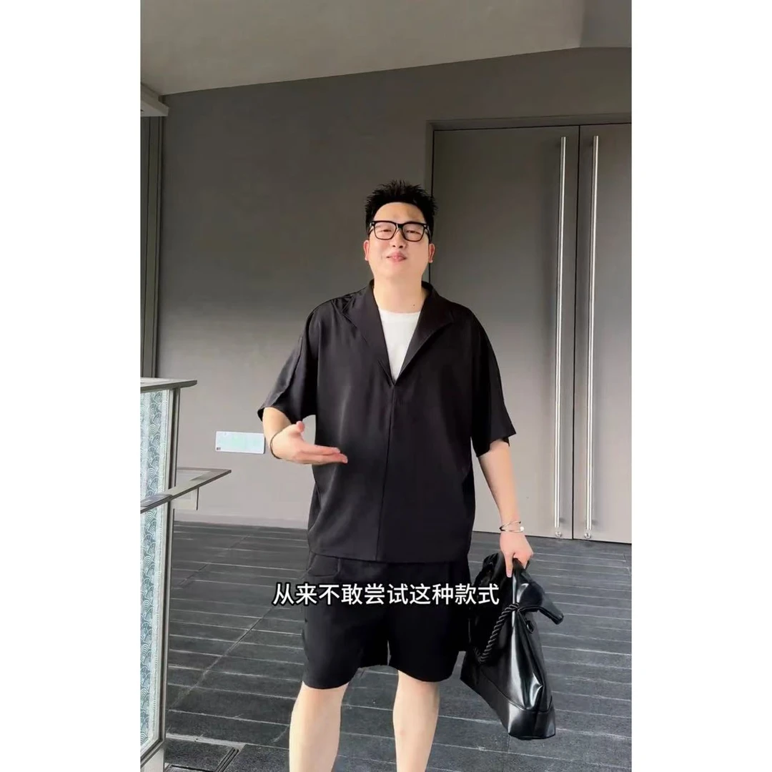 【现货】胖俗俗【冰丝假两件】2025夏季休闲宽松短袖短裤套装