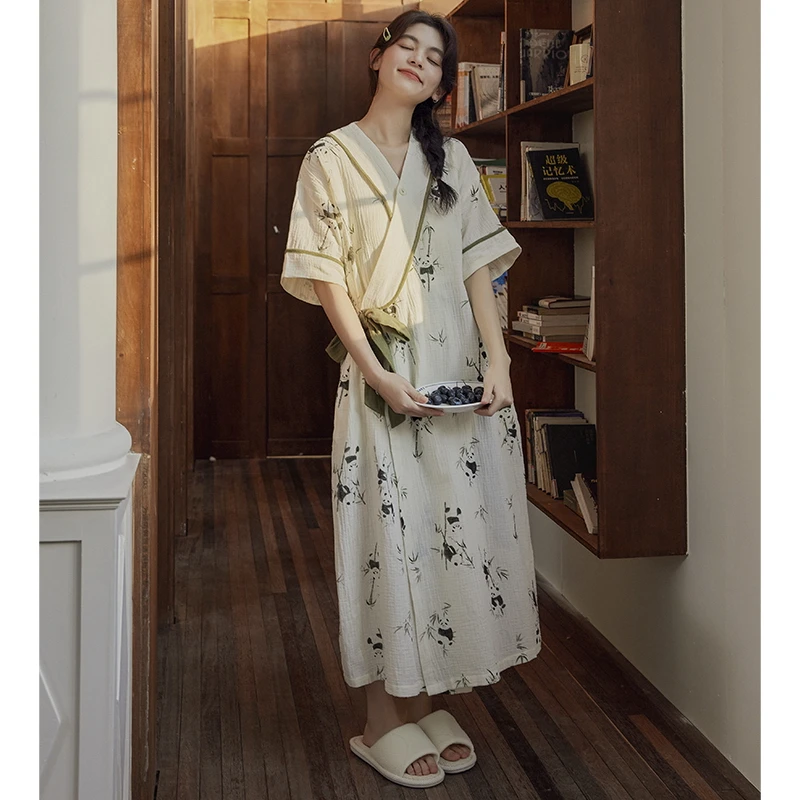 YNE新款睡衣裙女夏季V圆领短袖学生带胸垫中长裙云朵棉家居套装