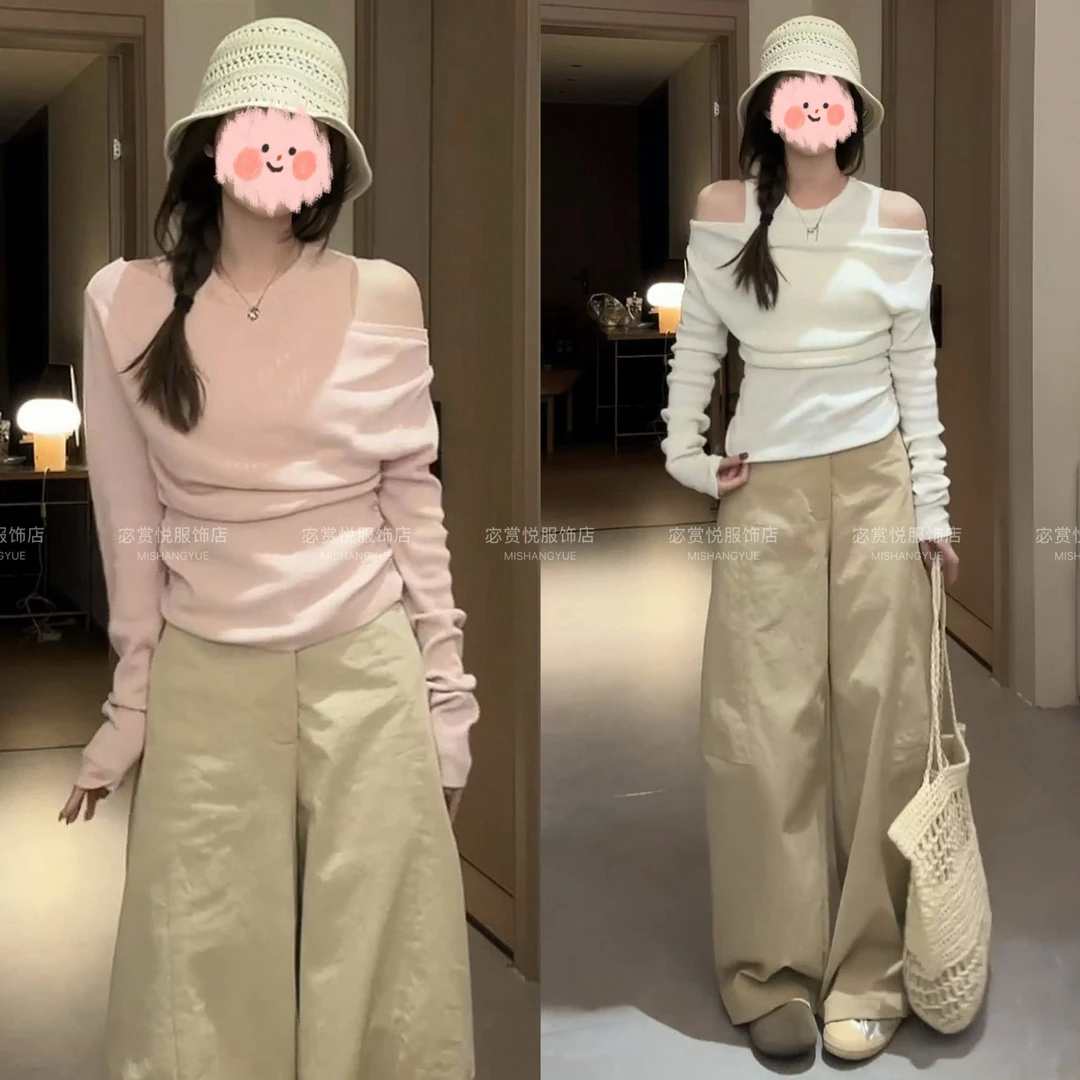 2025减龄韩系穿搭套装假两件露肩针织衫+弯刀阔腿裤两件套洋气女