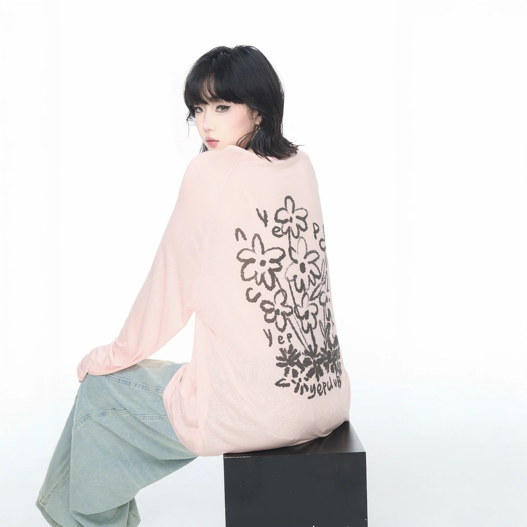 夏季印花物理防晒罩衫女宽松轻薄凉感慵懒松弛感轻薄长袖T恤上衣