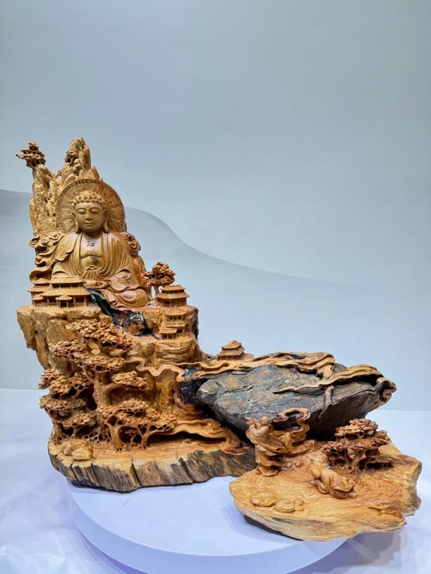 求佛！太行根抱石崖柏根雕山水人家玄关摆件手工雕刻