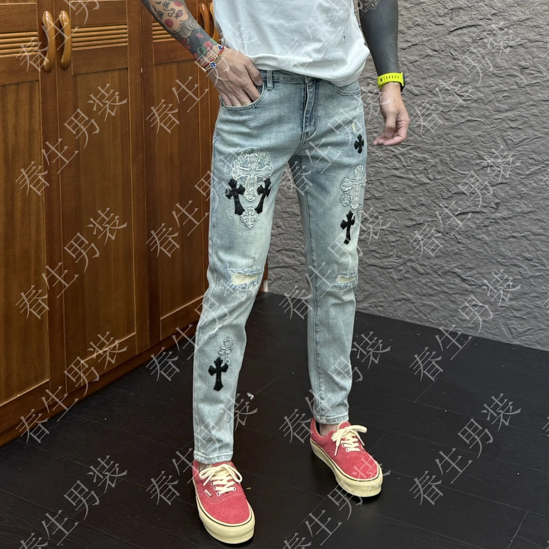 2025秋冬新款时尚休闲百搭重工刺绣男士小脚牛仔裤8957